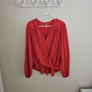 Free People Red Long Sleeve V Neck Wrap Blouse